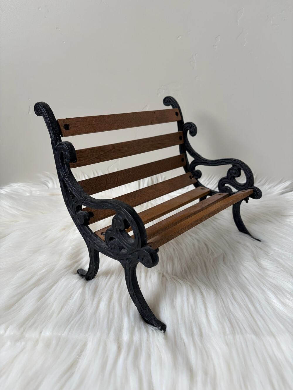 Vintage Miniature Cast Iron Frame w/ Wood Slats Doll/Bear Park Bench- 8.25" Tall